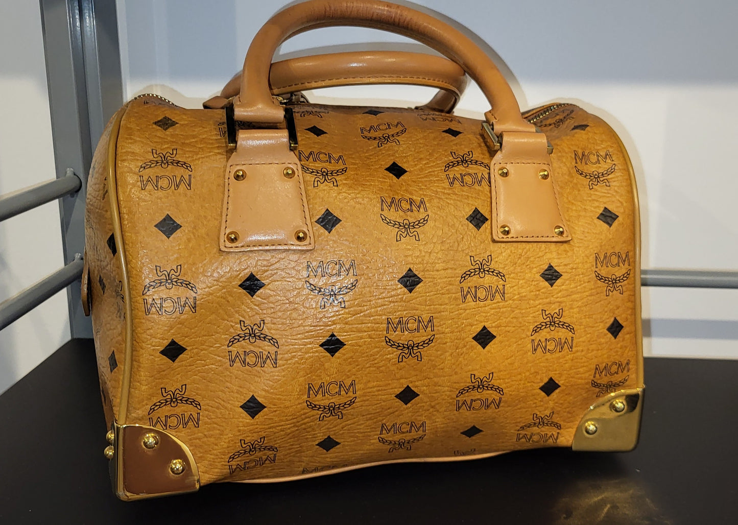 MCM Boston Cognac Visetos with gold corners *RARE*