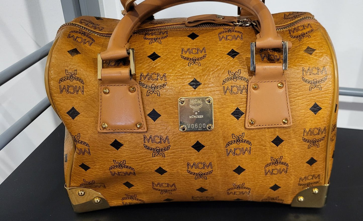 MCM Boston Cognac Visetos with gold corners *RARE*