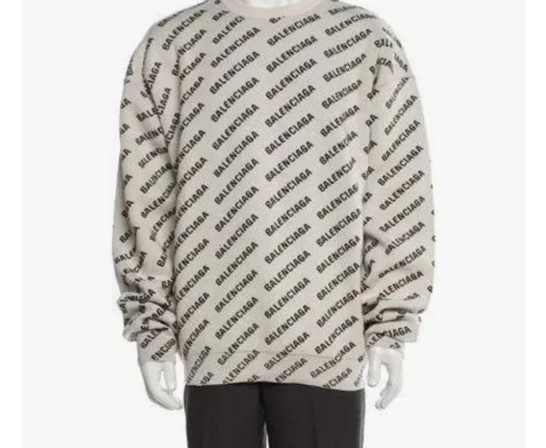 NEW! Balenciaga knit sweater with all over logo design Beige sz M